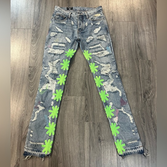 Lostshdws Distressed Denim Jeans with Neon Green Floral Accents